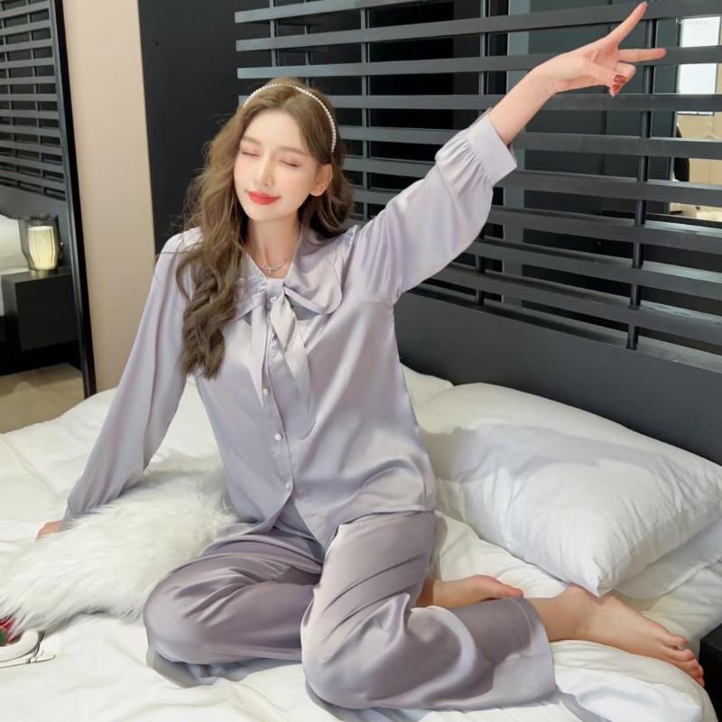 

Women's Sleepwear Ice Silk 2Pcs Pajamas Set Women Long Sleeve Shirt&pants Pyjamas Elegant Bow Princess Loungewear Lady Luxury Pjs Sleep, White