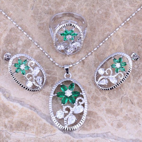 

Necklace Earrings Set Exclusive Green Cubic Zirconia White CZ Silver Plated Pendant Ring Size 6 / 7 8 9 10 S0174, Picture shown