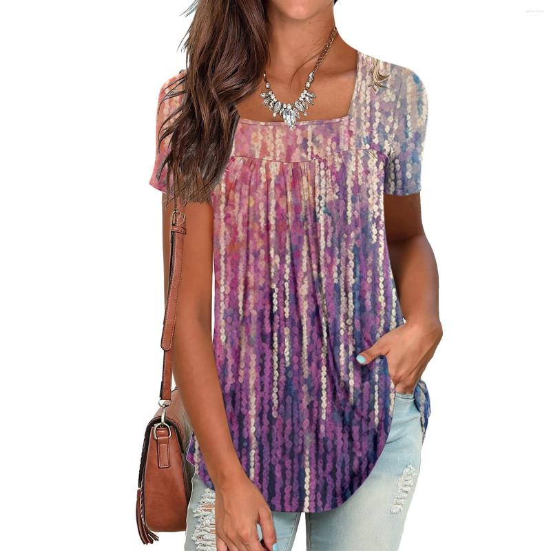 

Women' Blouses Summer Square Collar Short Sleeve Blouse Fashion Printing Shirts Round Neck Tunic Blusa Mujer Moda 2023, Dark blue-b