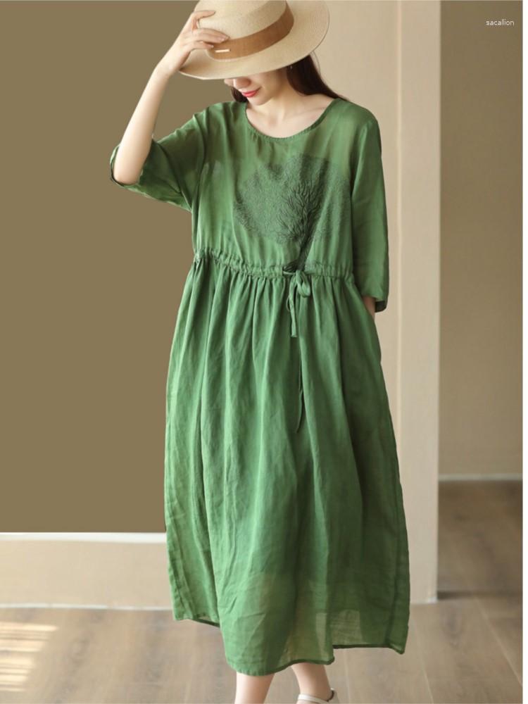 

Party Dresses Women Retro Cotton And Linen Double Layer Dress 2023 Summer O-Neck Short Sleeve Drawstring Embroidery Casual, Figure 1