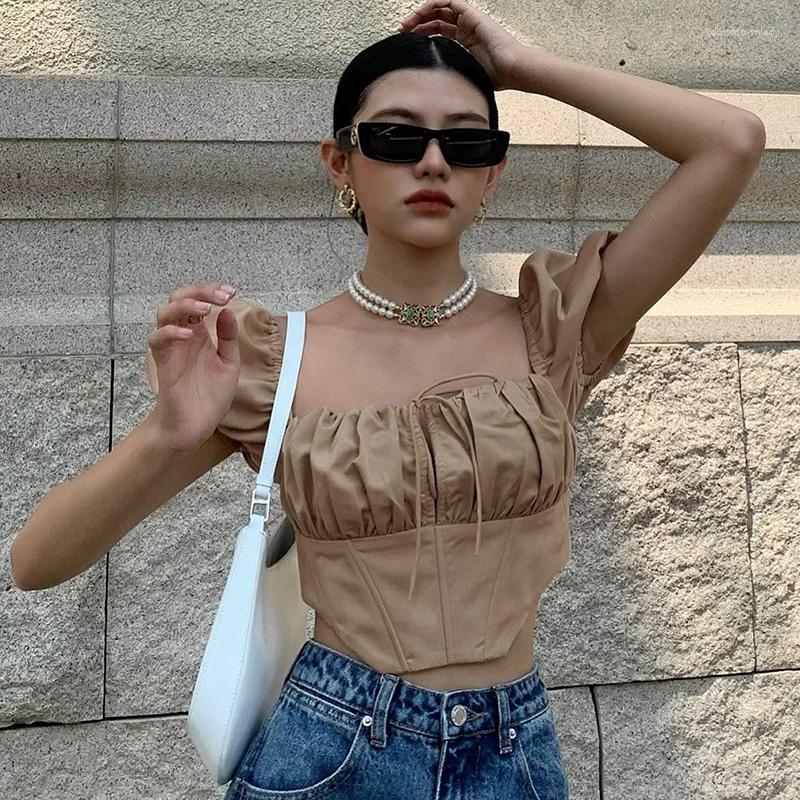 

Women's T Shirts 2023 Summer Puff Sleeve Women T-Shirt Square Collar Lace-Up Irregular Crop Tops French Style Solid Color All-Match Tees, Khaki