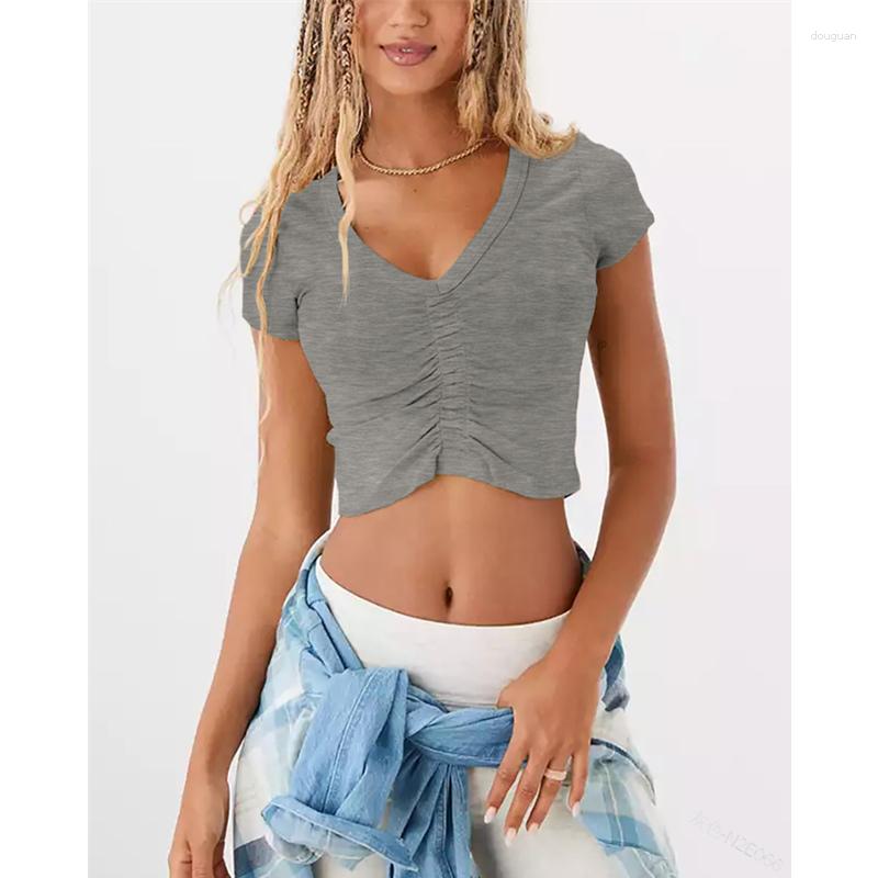 

Women's T Shirts Casual Slim Fit Sport Fitness Short T-shirt Elegant Fashion Sleeve V Neck Ruched Corset Crop Top Shirt, Pink