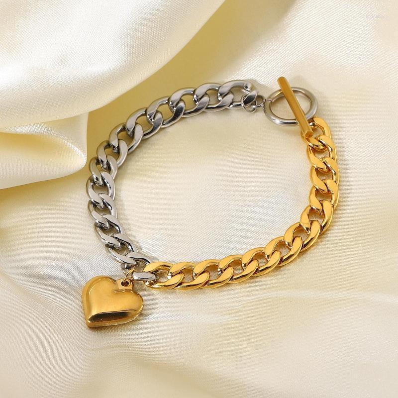 

Link Bracelets 2023 Trendy Heart Pendant Bracelet For Men Women Gold Silver Cuban Chain Matching Pulseras Stainless Stee Jewelry Gift DIY