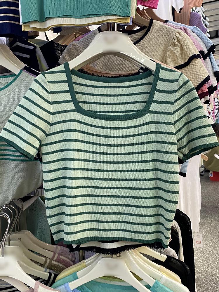 

Women's T Shirts Korean Summer Square Collar Short Sleeve T-shirts For Women Girls Striped Casual Tees Ladies All-match Drop, Black