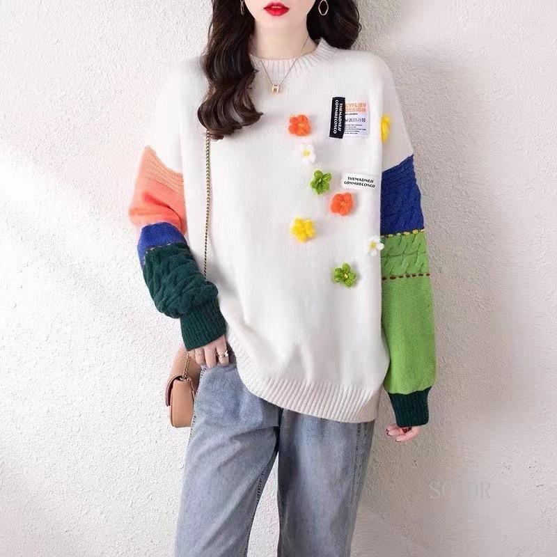 

Women's Sweaters Color Block Oversized Sweater With 3D Floral Appliques Thick 2023 Autumn Winter Women Lazy Oaf Pullover Loose Jumpers, Black