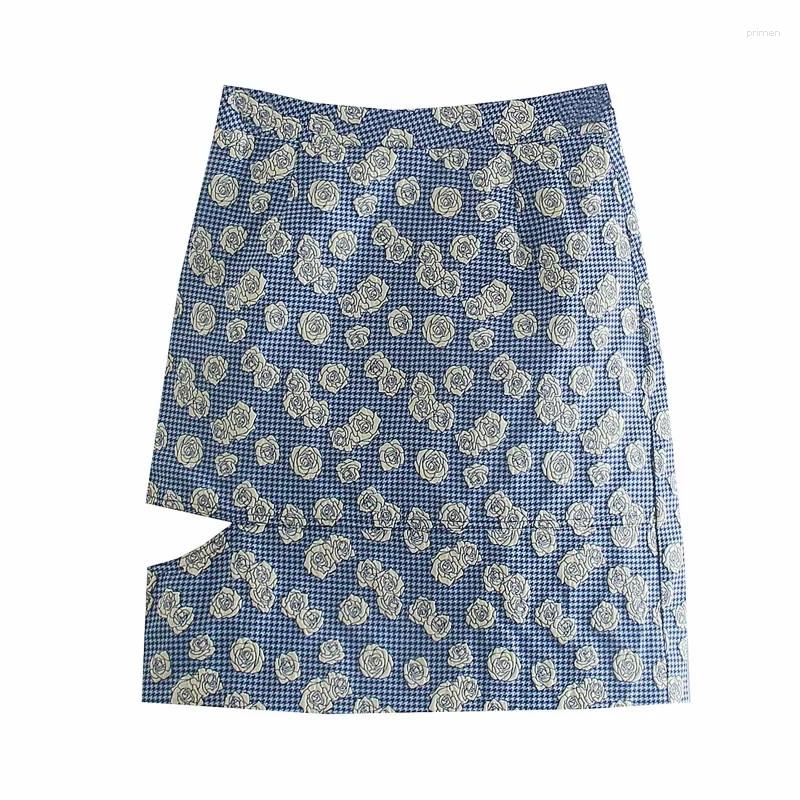 

Skirts Merodi Chic Lady Fashion Rose Print Side Opening Autumn Mini Womens Casual High Waist Houndstooth Blue Skirt