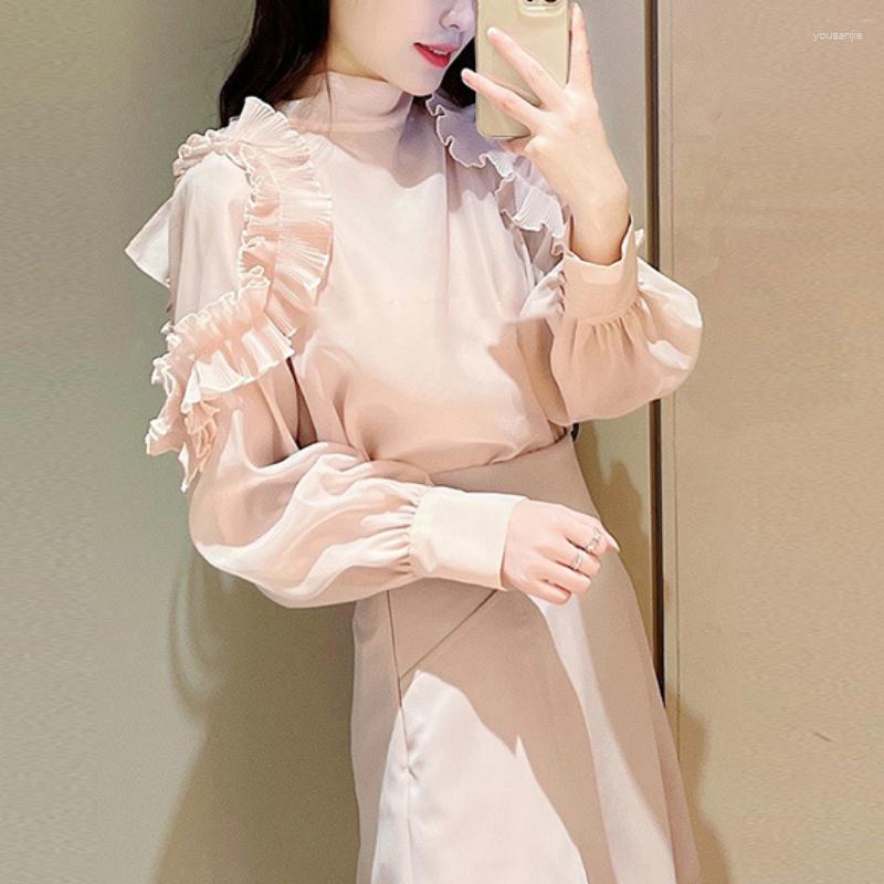 

Women's Blouses Neploe Women Tops Fashion Bow Solid Color Pleated Ruffle Lantern Sleeve Shirt Japanese Spring Lace Sweet Blusas, Beige