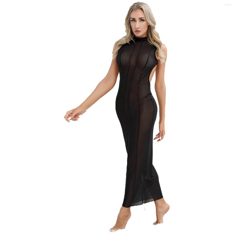 

Casual Dresses Womens Lingerie O-Neck Backless Clubwear See-through Mesh Long Dress Sleeveless Bodycon Body Shape Vestidos, Black