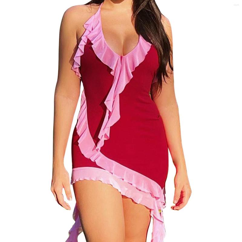 

Casual Dresses Women' V Neck Sexy Temperament Halter Lace Irregular Wrap Hip Dress Ladies Summer, Hot pink