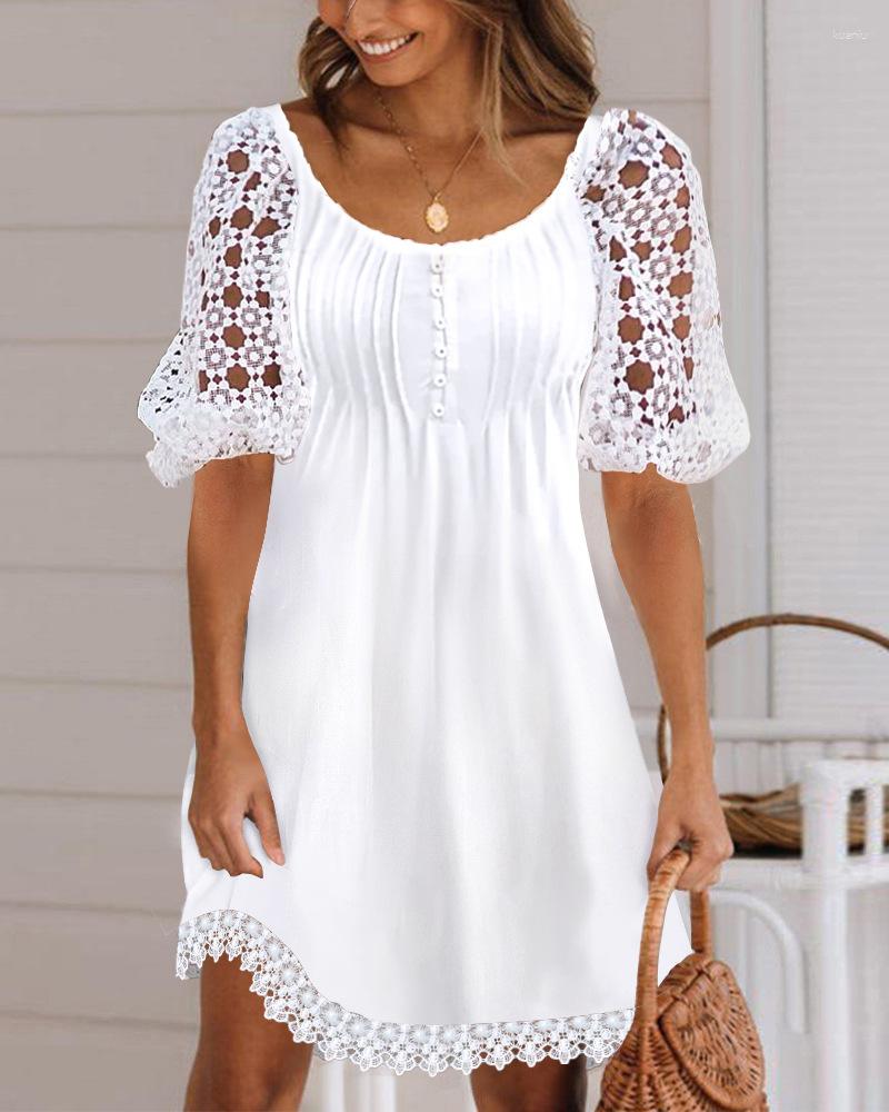 

Casual Dresses Contrast Lace Puff Sleeve Dress Women O Neck Solid Color High Waist Mini Spring Summer Sexy, White