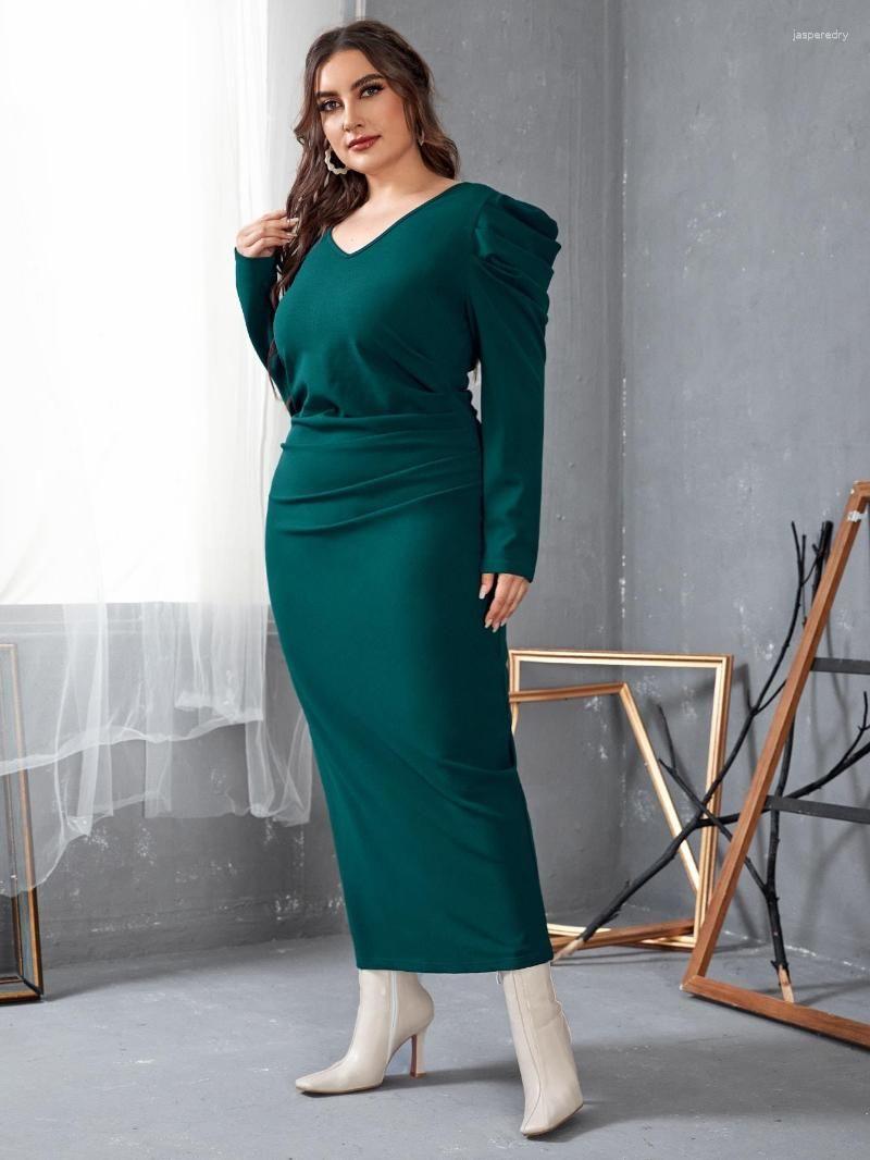 

Plus Size Dresses Add Elegant Solid Split Back Puff Sleeve DressPlus, Green