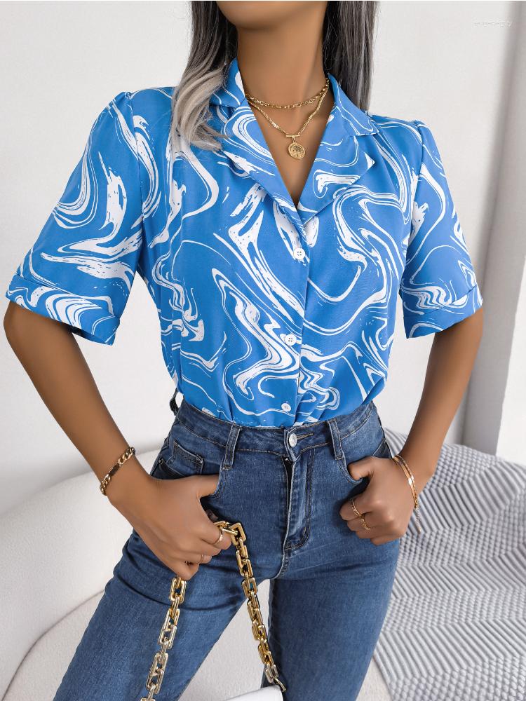 

Women's Blouses Women Summer Print Button Shirt Elegant Casual Fashion Office Lady Polo Collar Contrast Loose Short Sleeve Female 2023, Khaki