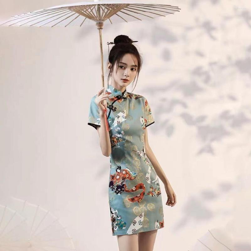 

Ethnic Clothing Vintage Women Short Sleeve Cheongsam 2023 Summer Mini Qipao Vestidos Chinese Style Print Flower Qi Pao Elegant Slim Daily