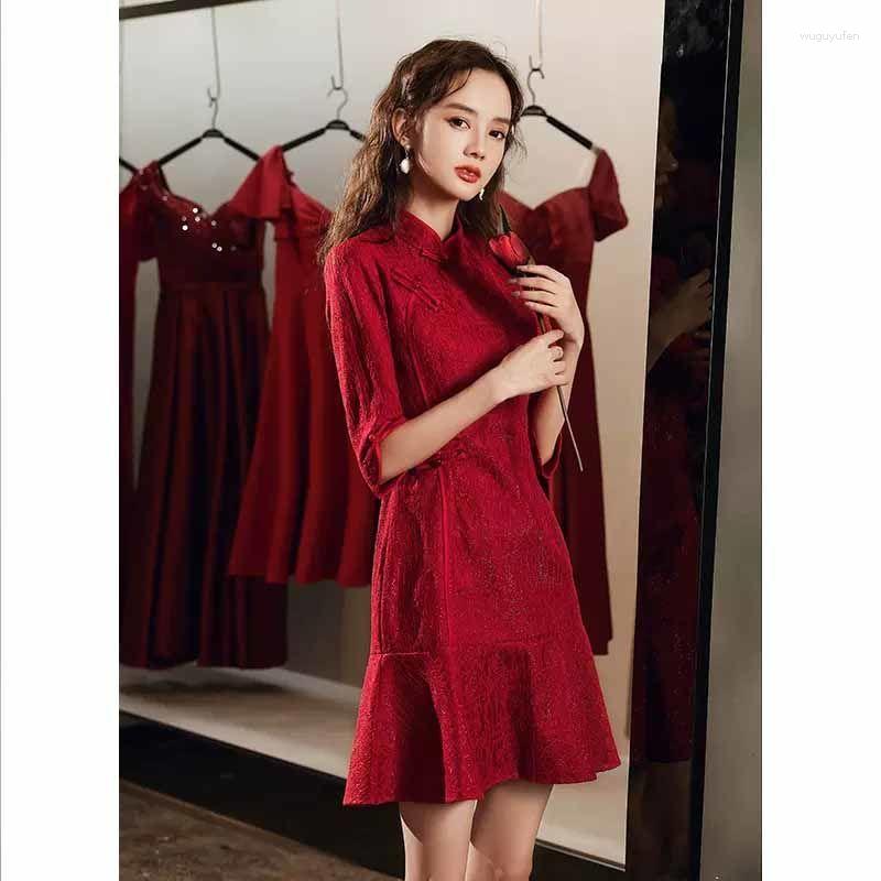 

Ethnic Clothing Retro Red Bride Wedding Toast Cheongsam Chinese Women Evening Party Dress Oriental Young Girls Mandarin Collar Qipao
