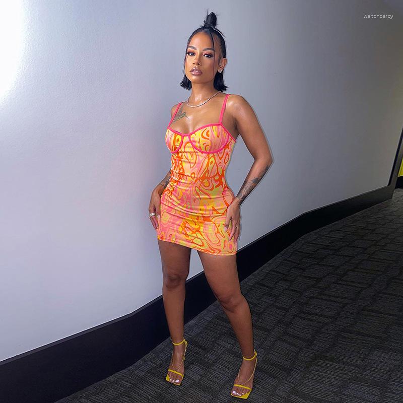 

Casual Dresses Ladies Dress Superior Quality Summer Sling Printing Sleeveless Skinny Mini Vestidos Drop DLSK22D17327, Orange