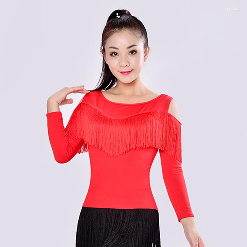 

Stage Wear Adult Latin Dance Costumes Tassel Top Long Sleeves Women Ballroom Dancing Autumn Sexy Fringe Dancewear Competition Clothe, Black