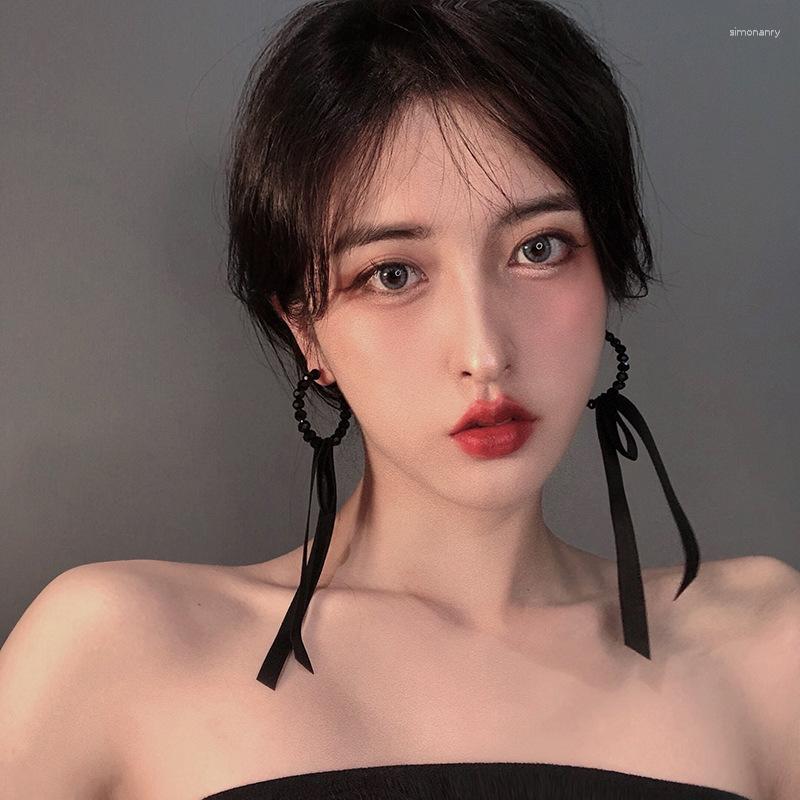 

Dangle Earrings 2023 Korean Fashion Black Ribbon Bowknot Hoop Women's Graceful Bead Round Ear Decoration Lady Evening Party Jewelry