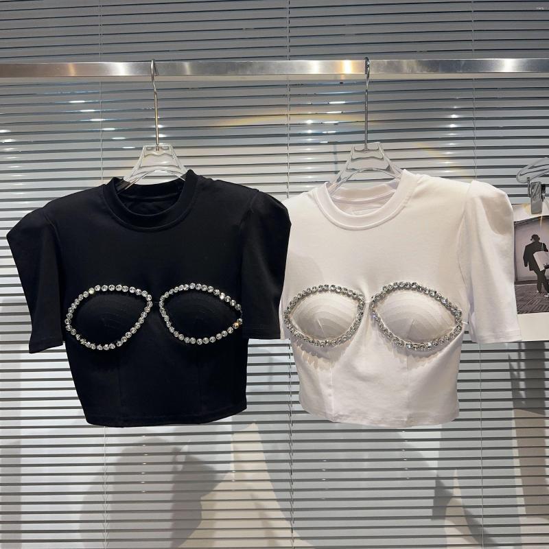 

Women' T Shirts 2023 Summer Style Diamond Studded Bead Bra Chest Pad Exposed Umbilical Spicy Girl Shoulder Short Sleeve T-shirt Tees Top, Black