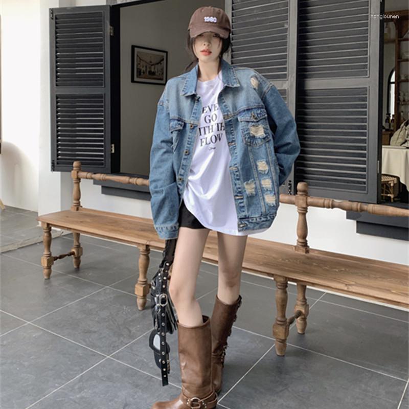 

Women' Jackets Women' Jacket Spring 2023 Fashion Loose Fit Make Old By Breaking Holes Long-sleeved Lapel Coat, Blue