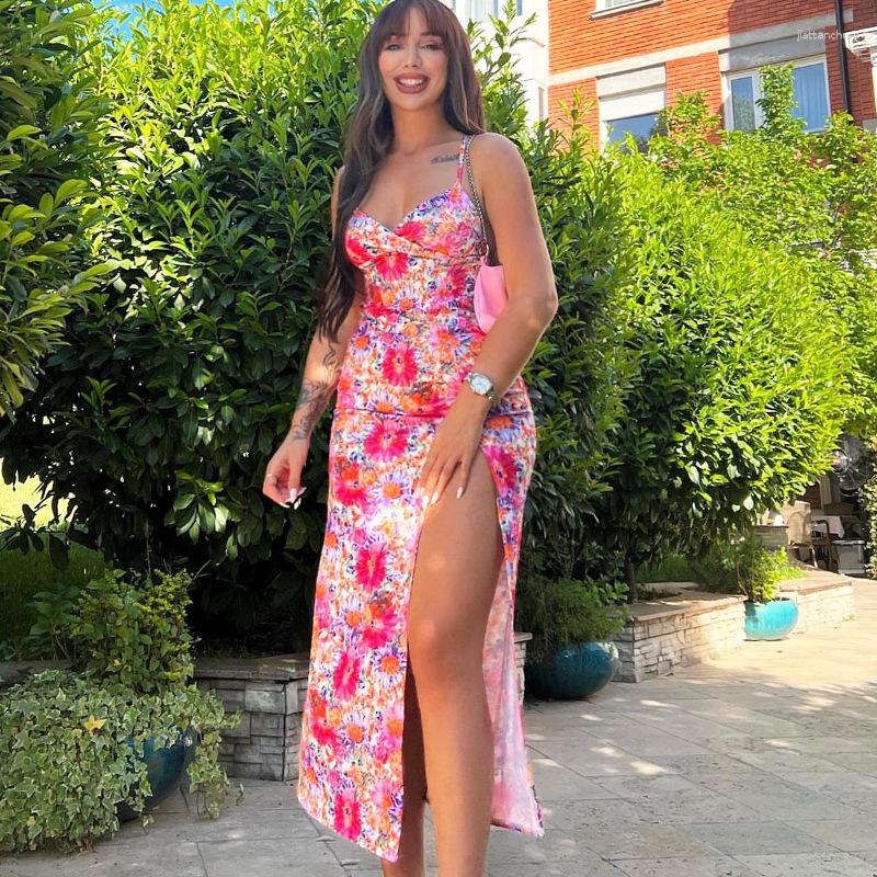 

Casual Dresses Sexy Split Flower Print Strap V-Neck Open Back I Ball Dress Summer Women Elegant Street Party, Pink