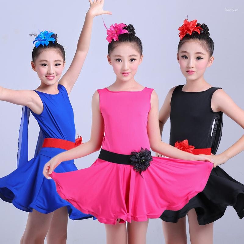 

Stage Wear Latin Dance Dress For Girls Black/Rose/Blue Milk Silk Salsa Otfits Kids Roupa De Ginastica Performe Ballet Children