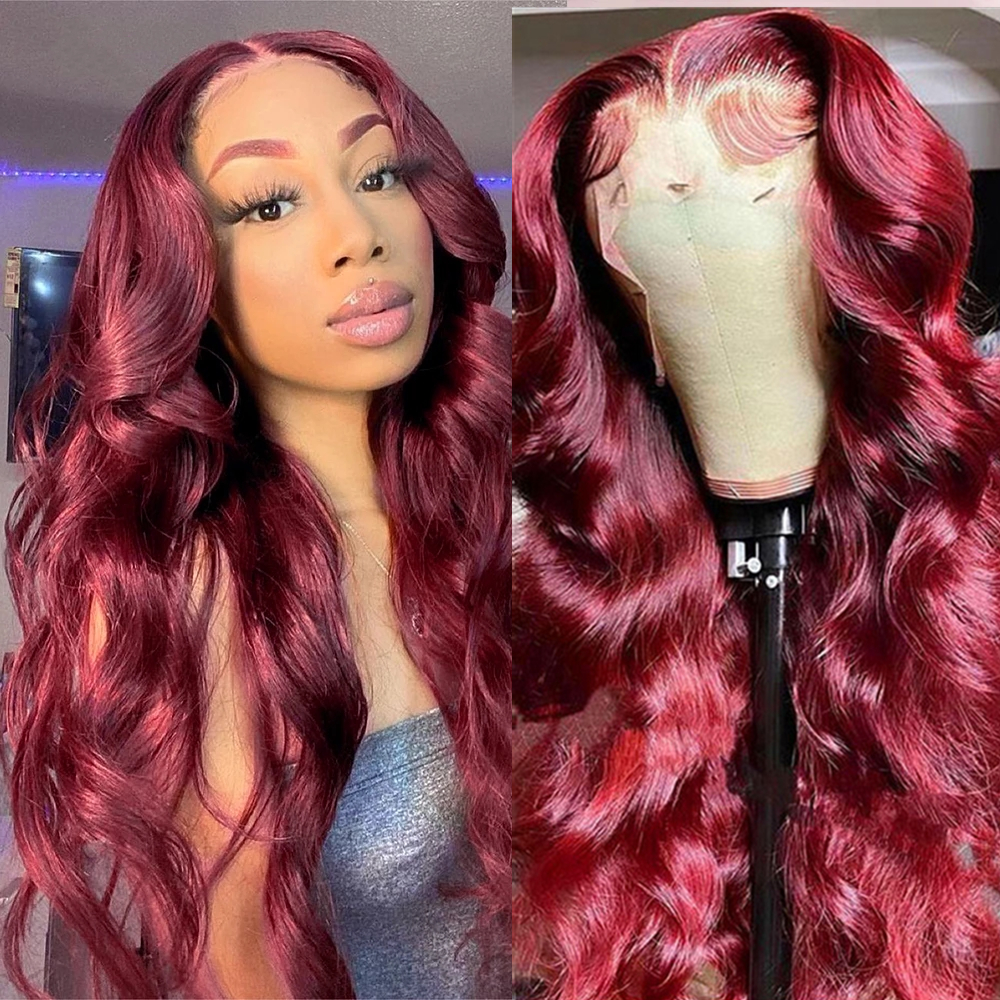 

13x4 13x6 Hd Lace Frontal Wig Body Wave Wig Burgundy Lace Front Wig Glueless Human Hair Pre Plucked 99j Red Colored Wig 28 Inch