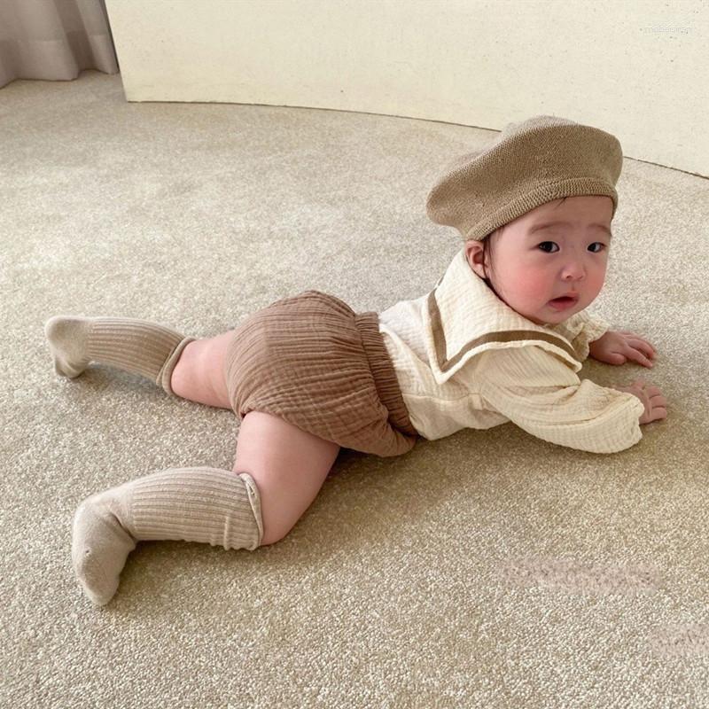 

Clothing Sets Born Baby Girls Boys Summer Short Sleeve Navy Collar Top Tees Solid Bread Bottoms Infant Kids Pure Cotton Set 2pcs, Coffee