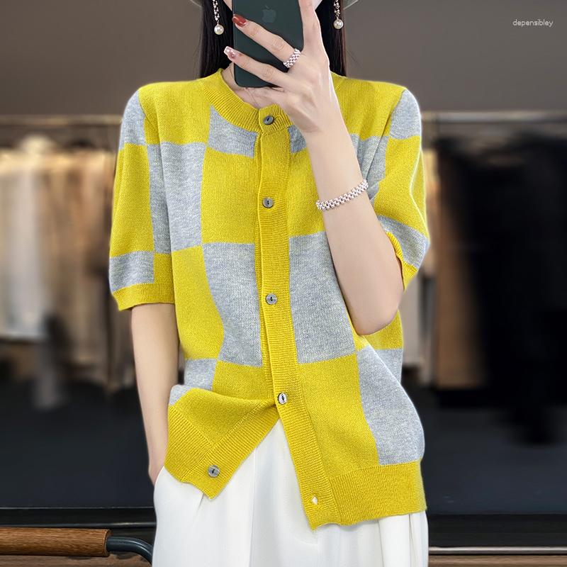 

Women's Knits Summer Comfortable Versatile Short-Sleeve Cardigan Women's 2023 Square Plaid Knit Top Elegant Round Neck Half-Sleeve Coat, Green
