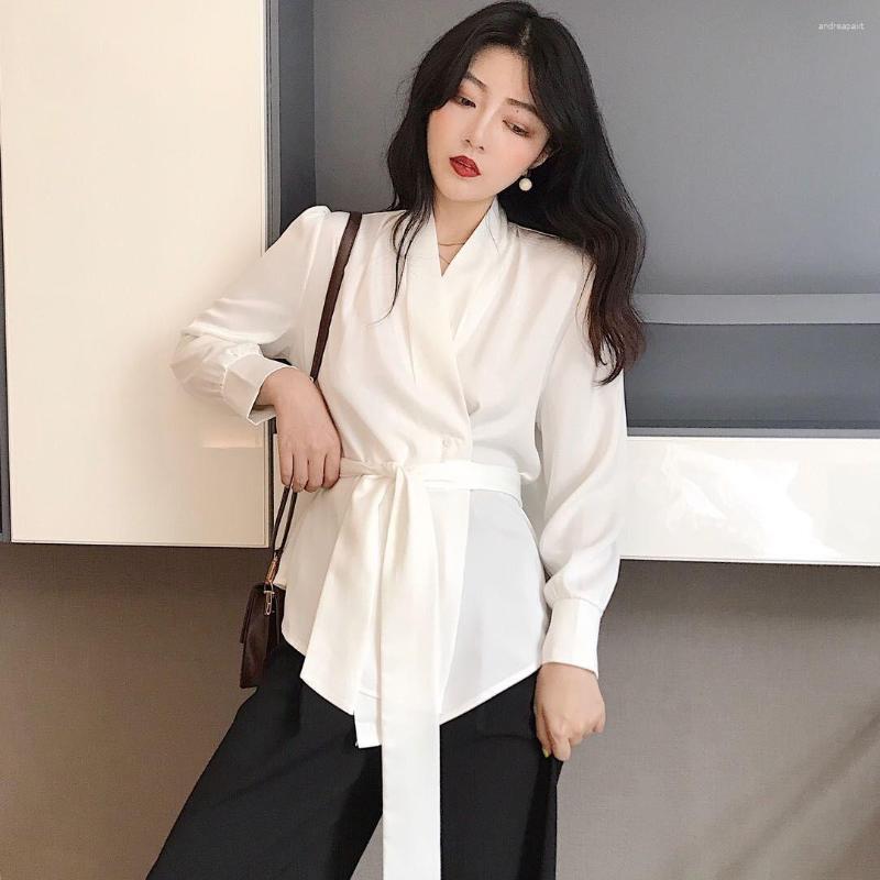 

Women's Blouses Women Faux Silk OL Shirt Belt Waist Tie Bowtie V Neck Satin Elegant Cardigan Long-sleeved Stitching Tops Wine Red Sale, Black