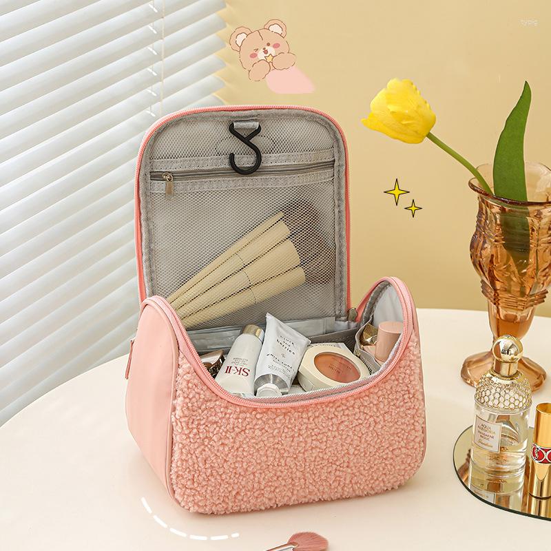 

Cosmetic Bags Lamb Hair Hanging Bag Large Capacity Plush Makeup For Women Girls Travel Organizer Toiletry Beauty Pouch, Beige