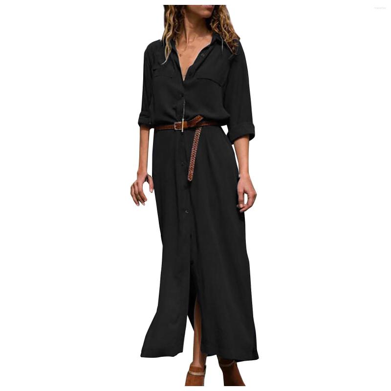 

Casual Dresses Women' Solid Color Long-sleeved Single-breasted Dress Ladies Capel Collar Chiffon Belt Women Elegant Ol Office, Black