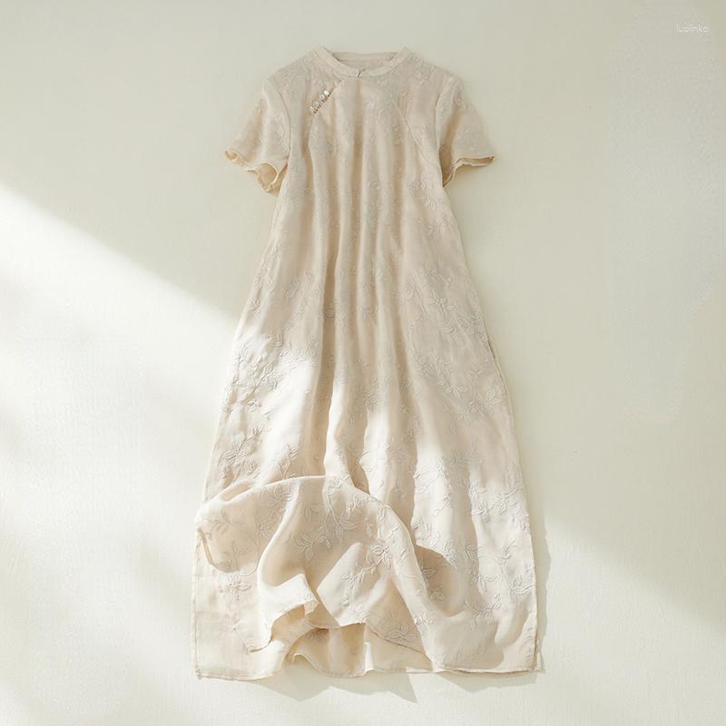 

Party Dresses Cotton Linen Embroidery Women Dress Summer Vintage Beaded Short-Sleeved Knee-Length Elegant Female Clothing Top Quality, See chart
