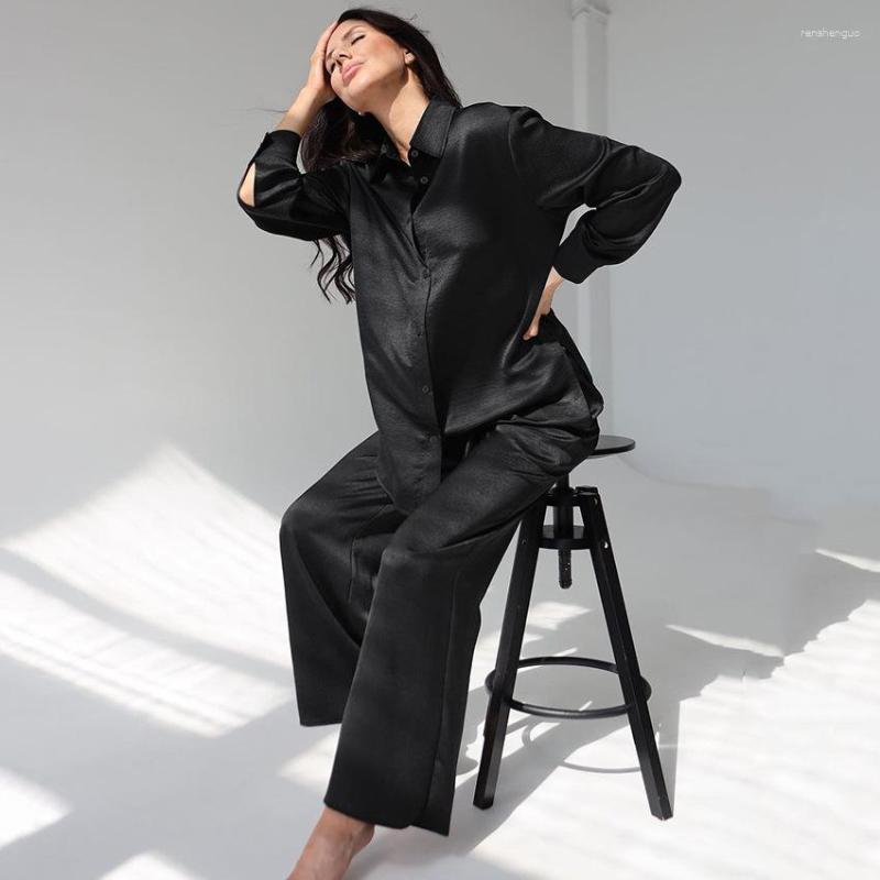 

Women' Sleepwear Black Pajamas Set Women Spirng Autumn Satin Top And Pant Ladies Single Breasted Sik Like Homewear For Female