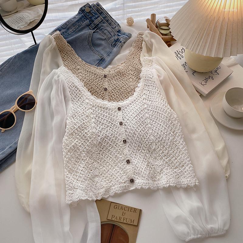 

Women's T Shirts OUMEA Crochet Tops Vintage For Women Buttons Front Casual Bodice With Sheer Chiffon Sleeve In White