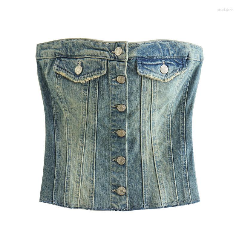 

Women's Tanks Retro Denim Tube Top Sexy Strapless Slim-breasted, Denim blue