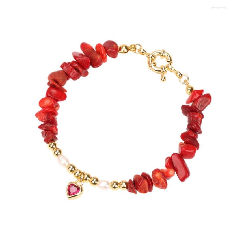 

Link Bracelets Shiny Zircon Heart Pendant Gravel Bracelet Irregular Natural Stone Gold Plated Beads & Freshwater Pearl Bangle For Women