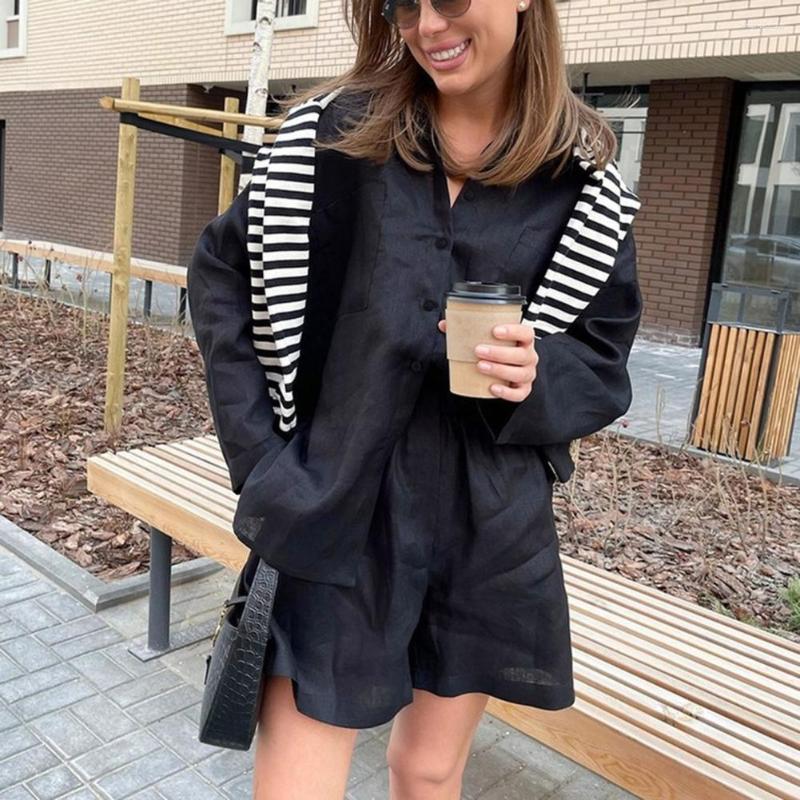 

Women' Tracksuits 2Pcs/Set Women Lapel Long Sleeve Pockets High Waist Elastic Waistband Outfit Solid Color Shirt Wide Leg Shorts Set, Black