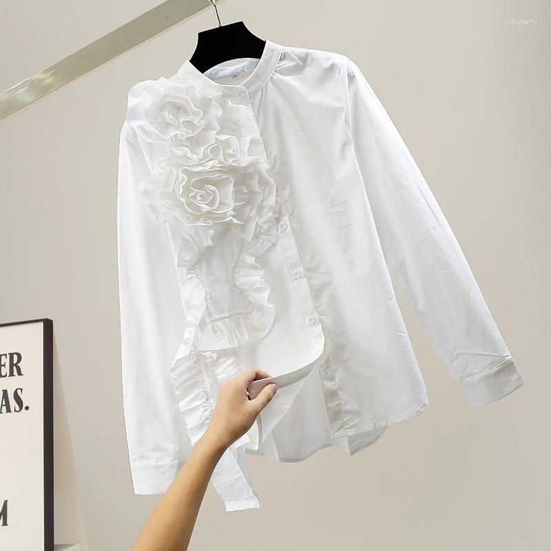 

Women' Blouses SuperAen Fashion Three-dimensional Flowers Ruffled Edges Irregular Stitching Long Sleeved Shirts Solid Color Casual Shirt, Blue