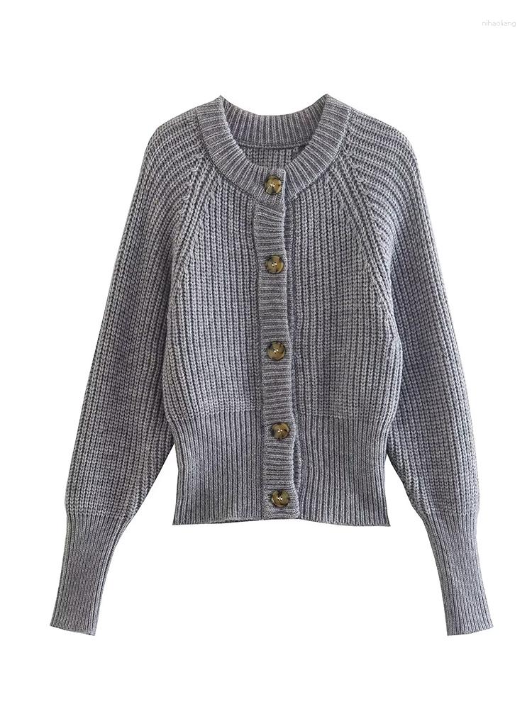 

Women' Knits YENKYE Women 2023 Gray O Neck Long Sleeve Ribbed Knit Sweater Jacket Vintage Single Breasted Female Autumn Cardigan