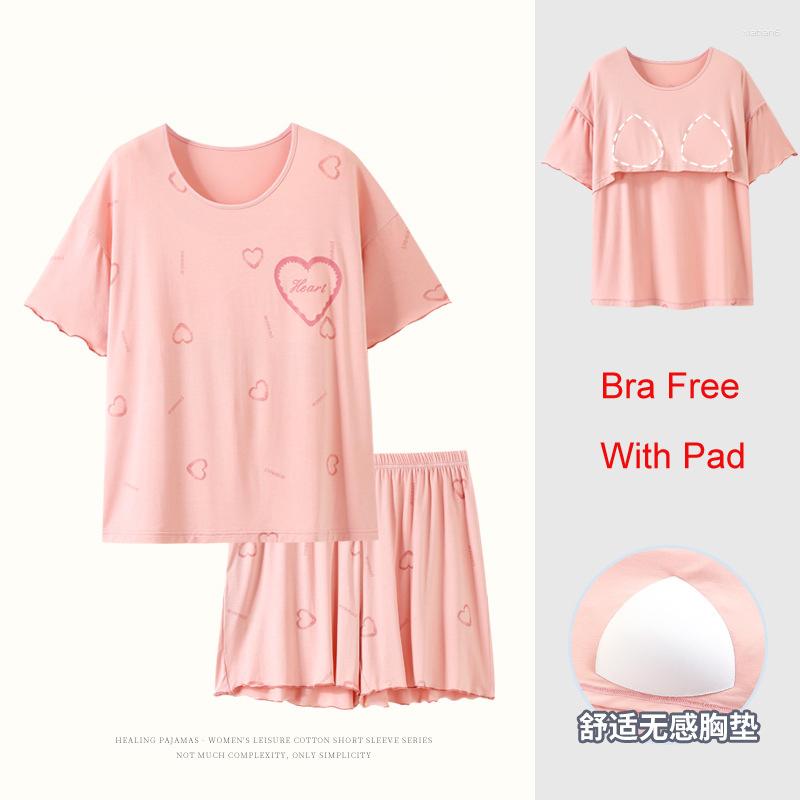

Women's Sleepwear Female Home Suit Modal Short For Women 2 Pieces Set Nightwear Summer Shorts Pajamas With Bra Pad Pjs, Style 1