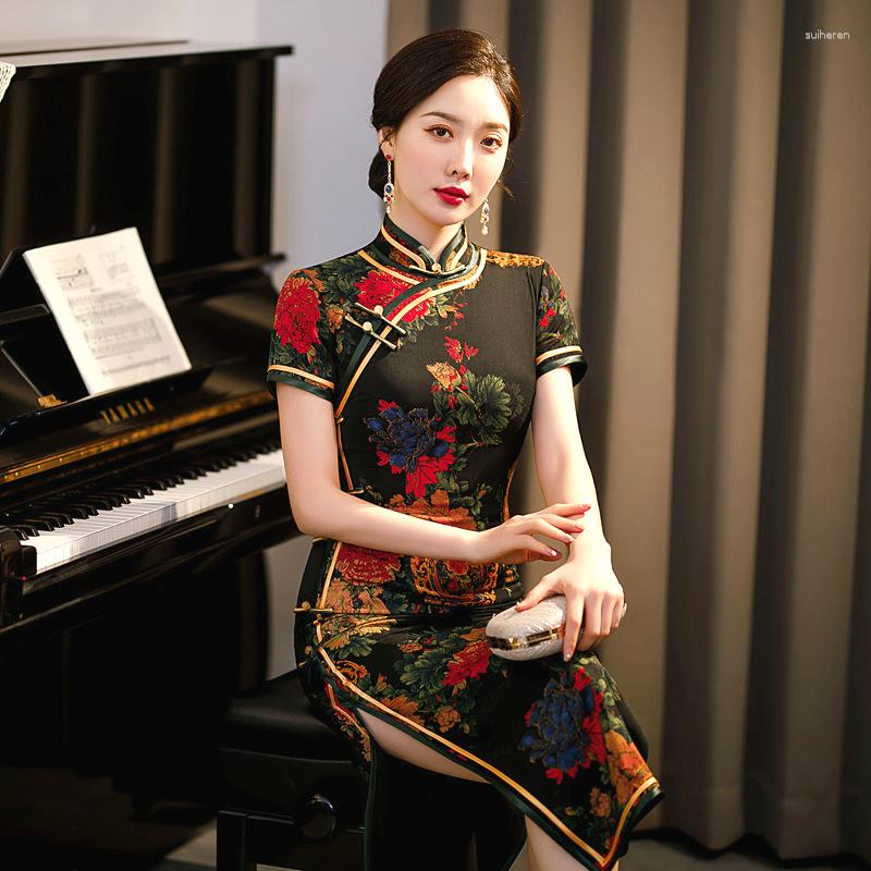 

Ethnic Clothing Long Black Flowers Qi Pao Dresses Mudan Hua Cheongsam Style Improved Version 8 Pankou Evening Oriental Robe Silk Dress