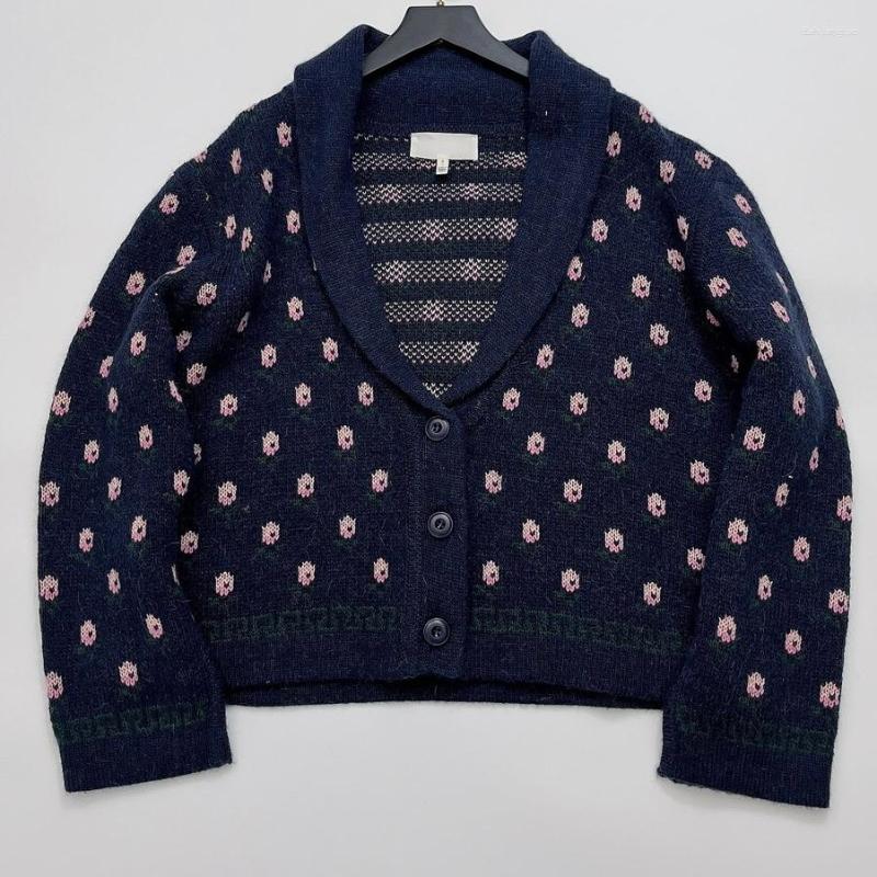 

Women's Knits Women Cardigan 2023 Autumn Vintage Navy Blue Floral Knit Sweater