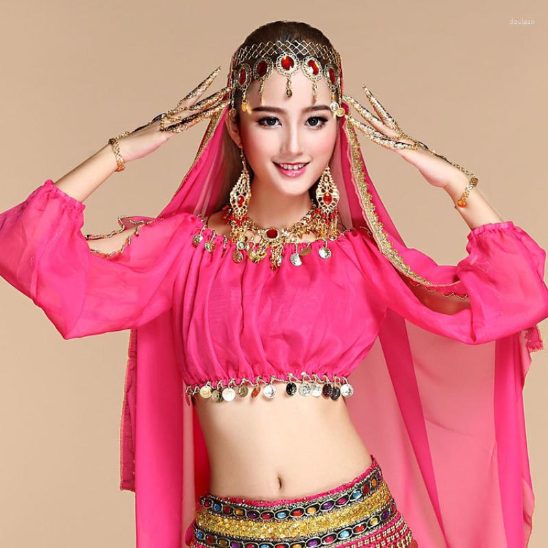 

Stage Wear Belly Dance Top Lantern Long Sleeve Clothes Women Oriental Practice Suit Performance Summer, Rose red top