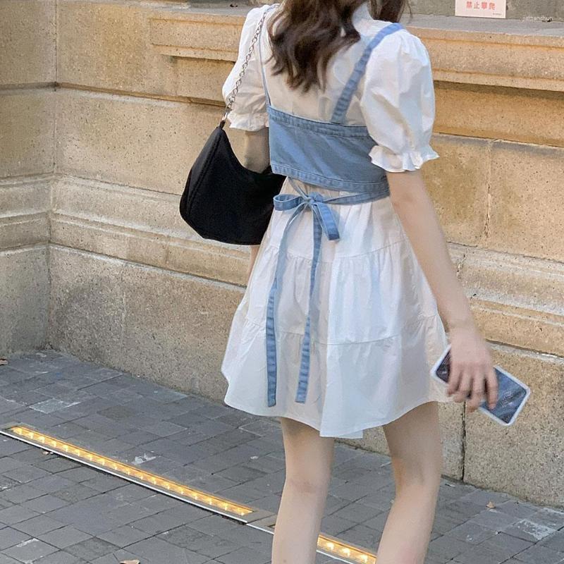 

Casual Dresses Bubble Sleeves Shirt Dress Two Piece Set 2023 Denim Sling Vestidos POLO Neck Fashionable Temperament, Blue