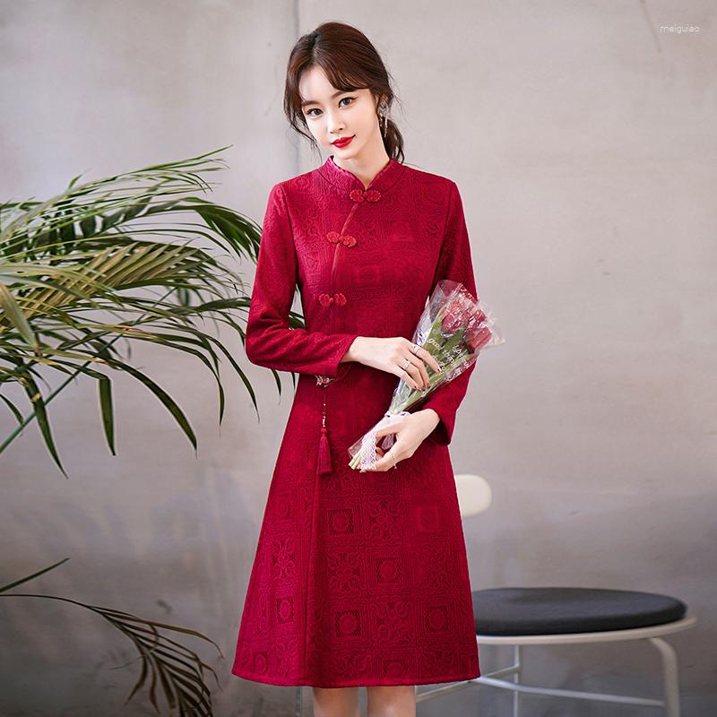 

Ethnic Clothing 2023 Chinese Traditional Qipao Dress Women Style Stand Collar Vintage Long Sleeve Cheongsam