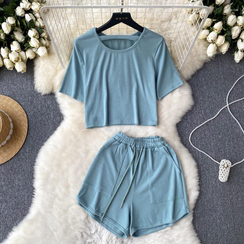 

Women's Tracksuits Japanese Minimalist Style Suit Women's Summer Solid Color Short Waist T-shirt Top Elastic Drawstring Wide-leg Pants, Black