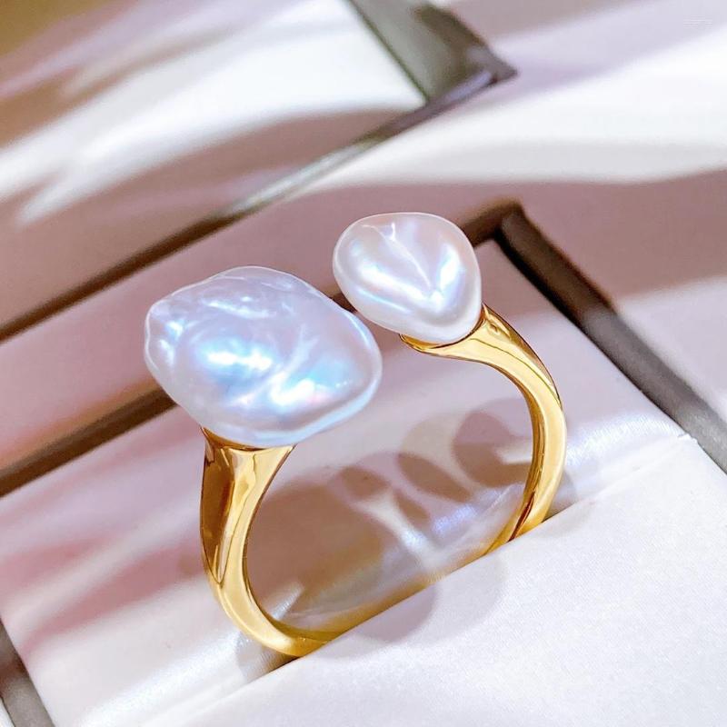 

Cluster Rings Natural Freshwater Baroque Double Pearls Open Ring 14K Gold Filled Fashion Personality Irregular Shaped Block Pearl