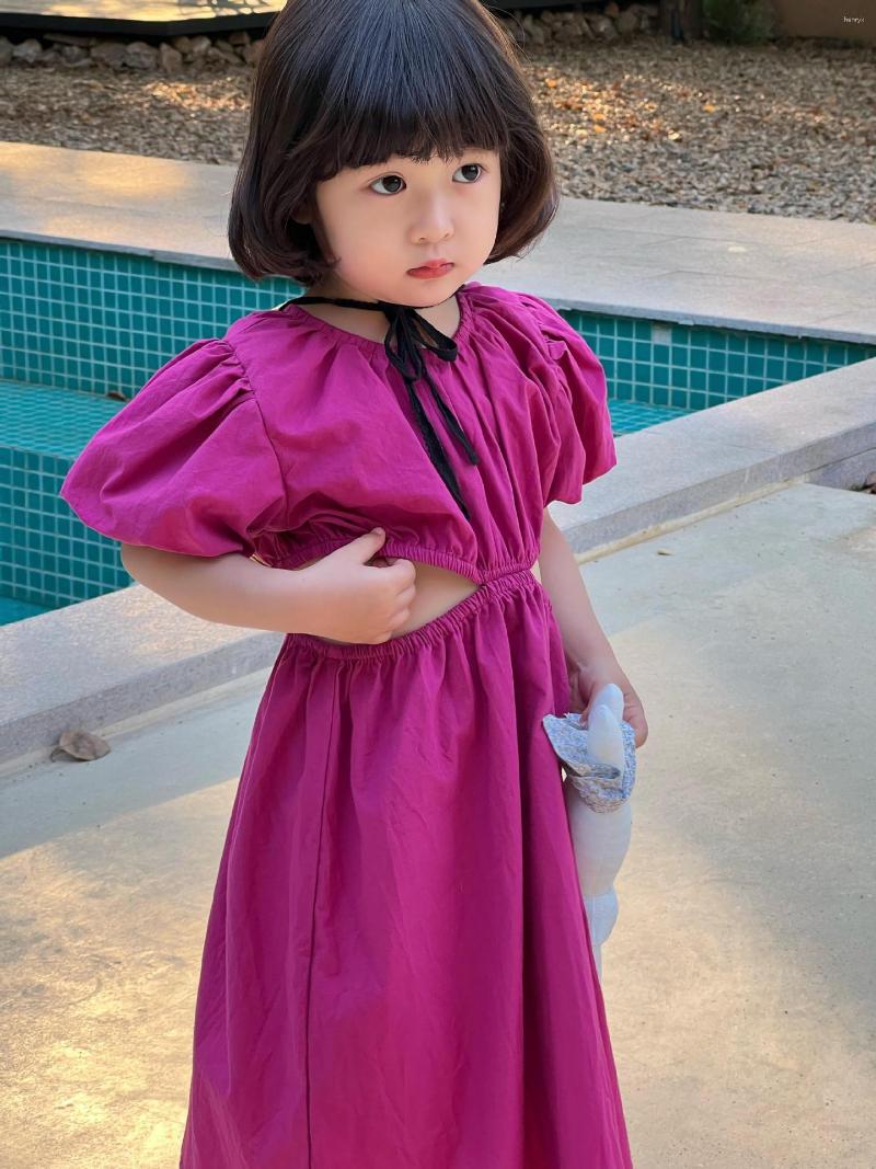 

Girl Dresses Girls Dress Solid Color Red Hollowed Out Korean Style 2023 Summer Cotton Fashionable Bubble Sleeves Princess Sweet, Rose red