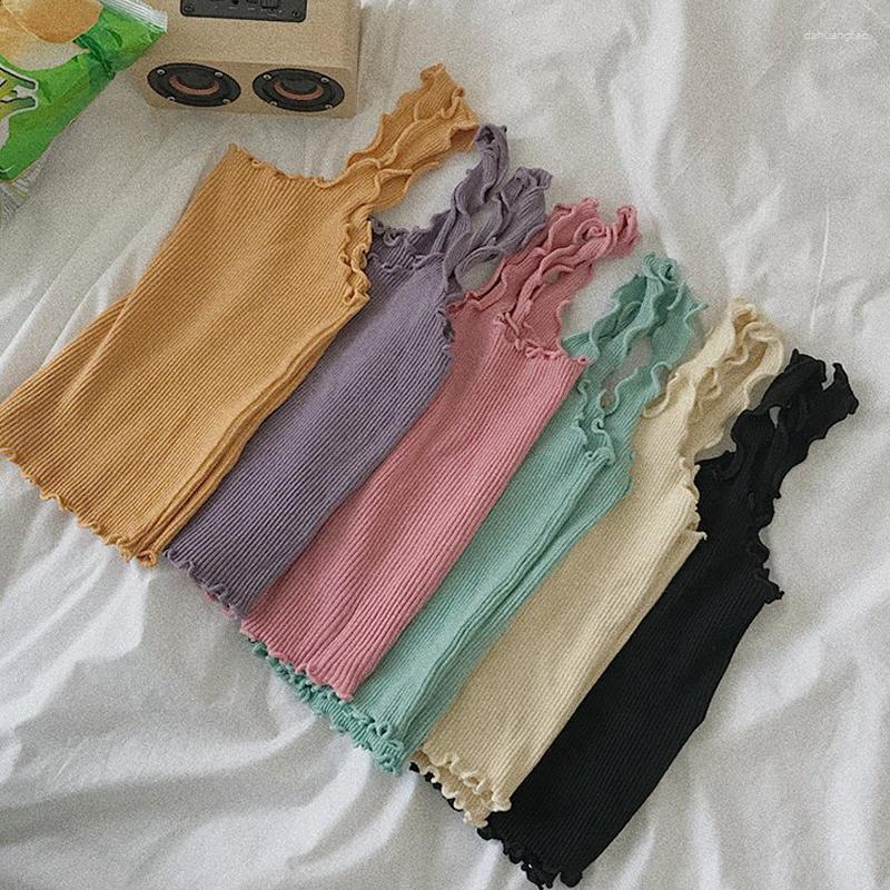 

Women's Tanks HELIAR Women Summer Solid Ruffles Chic Crop Tops Basic Sleeveless Tank Sexy Sweet Girls Slim, Black