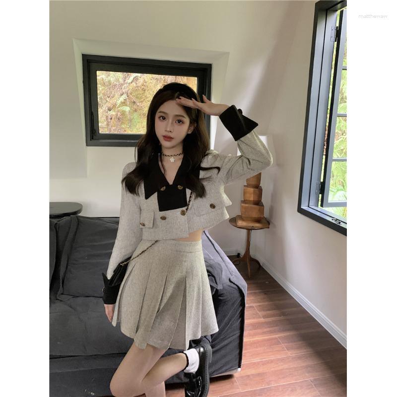

Work Dresses Sweet Girl Suit Women' Spring 2023 Color Contrast Double-breasted Top Pleated Skirt Two-piece Set Fashion Female Clothes, Grey set